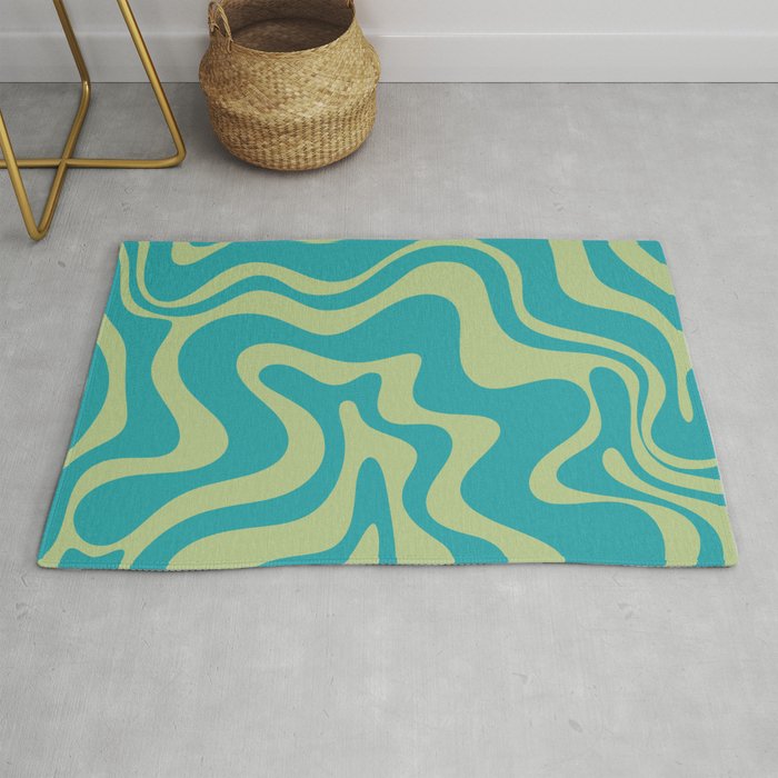 Retro Liquid Swirl Abstract Pattern Teal Blue and Celery Sage Green Rug Gallery Image 1