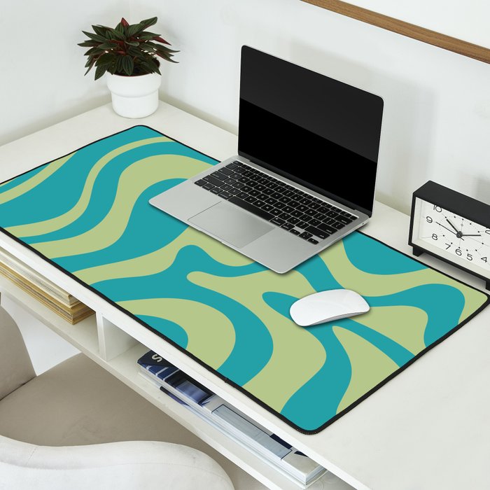 Retro Liquid Swirl Abstract Pattern Teal Blue and Celery Sage Green Desk Mat Gallery Image 2