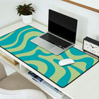 Retro Liquid Swirl Abstract Pattern Teal Blue and Celery Sage Green Desk Mat Gallery Image 2