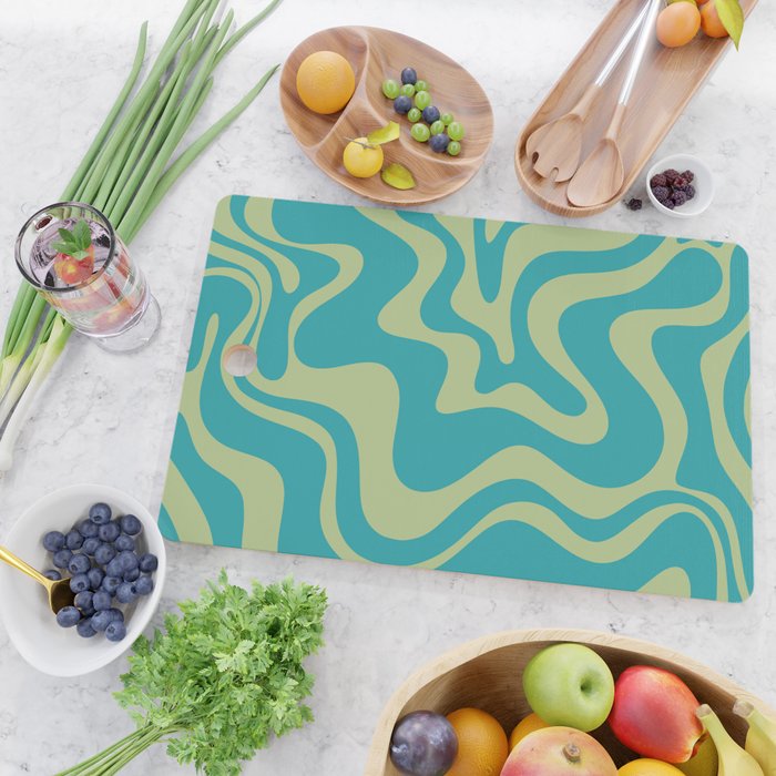 Retro Liquid Swirl Abstract Pattern Teal Blue and Celery Sage Green Cutting Board Gallery Image 2