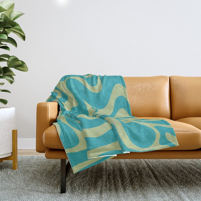 Retro Liquid Swirl Abstract Pattern Teal Blue and Celery Sage Green Throw Blanket Gallery Image 1