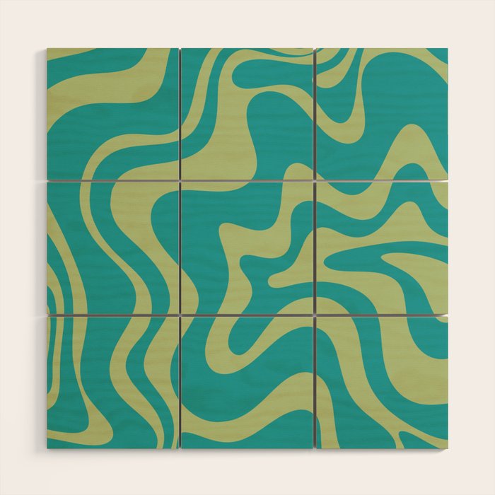 Retro Liquid Swirl Abstract Pattern Teal Blue and Celery Sage Green Wood Wall Art Gallery Image 1
