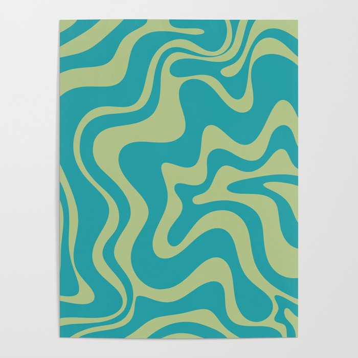 Retro Liquid Swirl Abstract Pattern Teal Blue and Celery Sage Green Poster Gallery Image 1