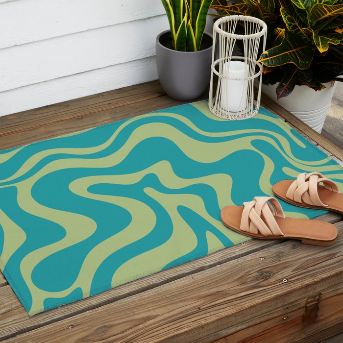 Retro Liquid Swirl Abstract Pattern Teal Blue and Celery Sage Green Outdoor Rug Gallery Image 2