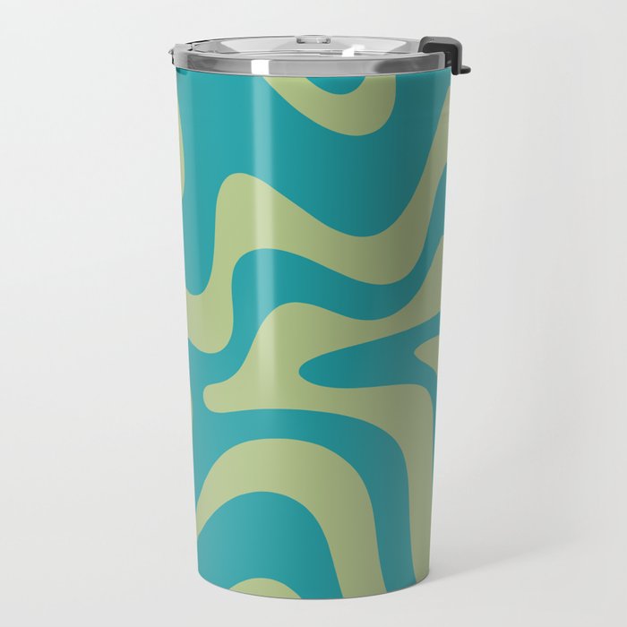 Retro Liquid Swirl Abstract Pattern Teal Blue and Celery Sage Green Travel Mug Gallery Image 2