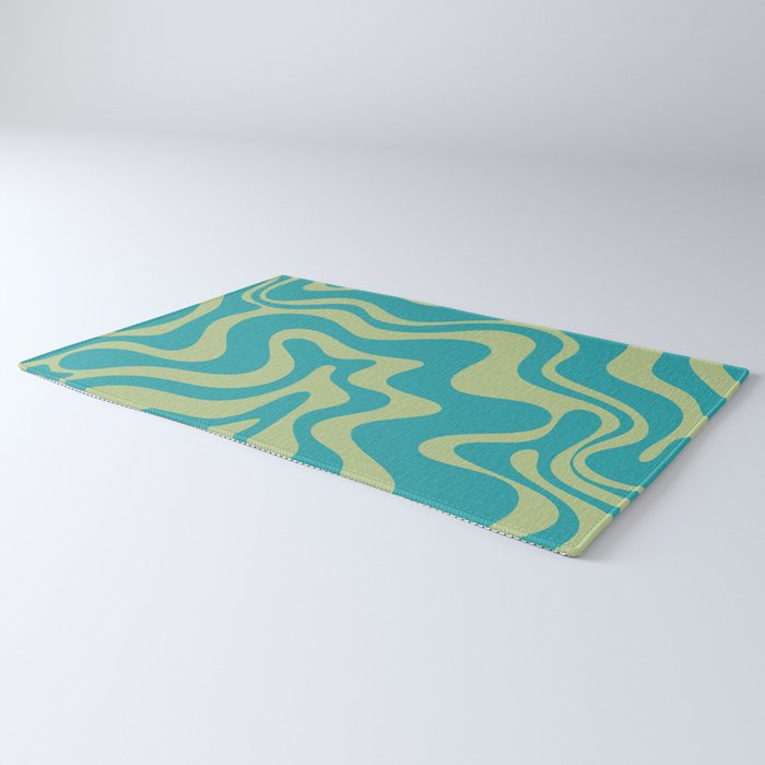Retro Liquid Swirl Abstract Pattern Teal Blue and Celery Sage Green Rug Gallery Image 3