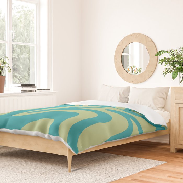 Retro Liquid Swirl Abstract Pattern Teal Blue and Celery Sage Green Duvet Cover Gallery Image 2