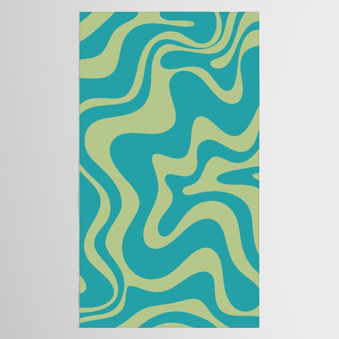 Retro Liquid Swirl Abstract Pattern Teal Blue and Celery Sage Green Tablecloth Gallery Image 2