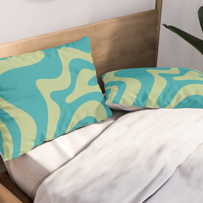 Retro Liquid Swirl Abstract Pattern Teal Blue and Celery Sage Green Pillow Sham Gallery Image 2