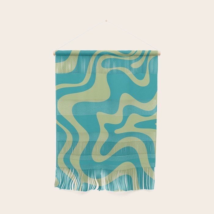 Retro Liquid Swirl Abstract Pattern Teal Blue and Celery Sage Green Wall Hanging Gallery Image 1
