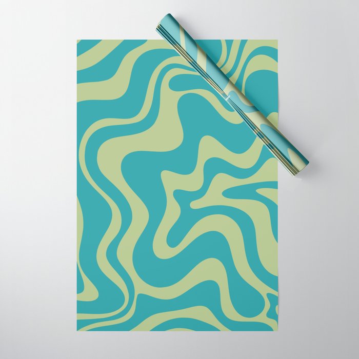 Retro Liquid Swirl Abstract Pattern Teal Blue and Celery Sage Green Wrapping Paper Gallery Image 1