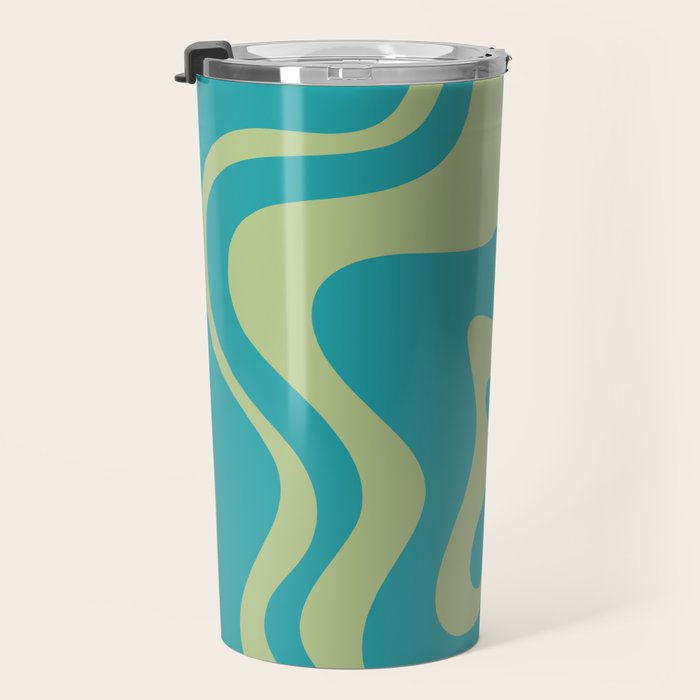 Retro Liquid Swirl Abstract Pattern Teal Blue and Celery Sage Green Travel Mug Gallery Image 3