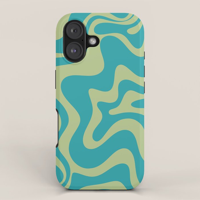Retro Liquid Swirl Abstract Pattern Teal Blue and Celery Sage Green iPhone Case Gallery Image 1
