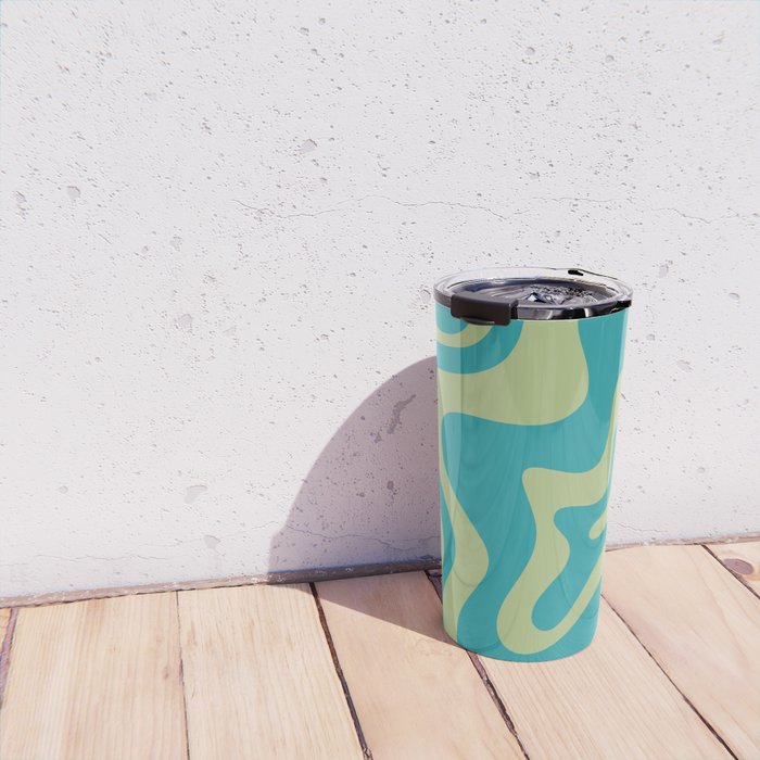 Retro Liquid Swirl Abstract Pattern Teal Blue and Celery Sage Green Travel Mug Gallery Image 4