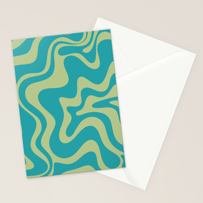 Retro Liquid Swirl Abstract Pattern Teal Blue and Celery Sage Green Stationery Card Gallery Image 2