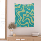 Retro Liquid Swirl Abstract Pattern Teal Blue and Celery Sage Green Wall Tapestry Gallery Image 2