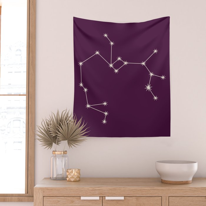Sagittarius Zodiac Star Constellation Line Art Plum Purple Wall Tapestry Gallery Image 2