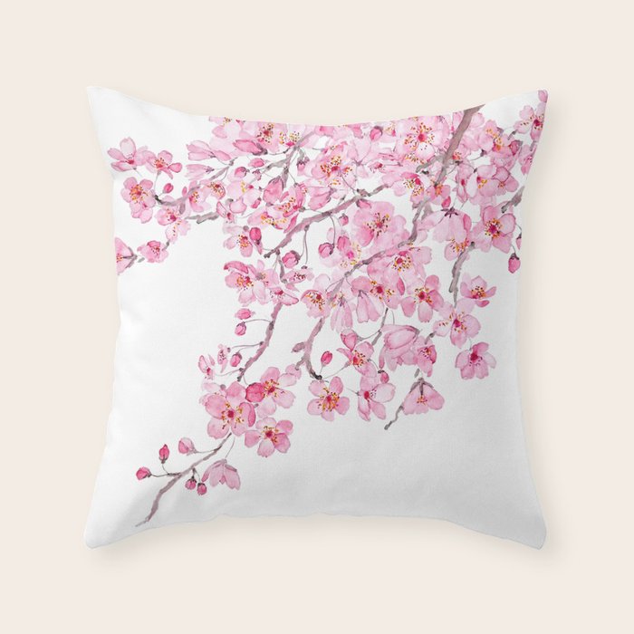pink cherry blossom watercolor 2020 Throw Pillow Gallery Image 6