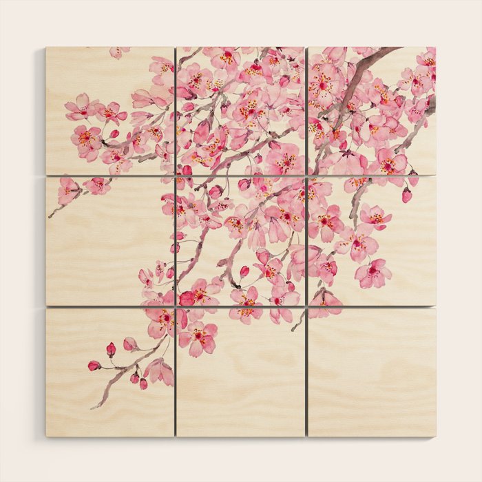 pink cherry blossom watercolor 2020 Wood Wall Art Gallery Image 1
