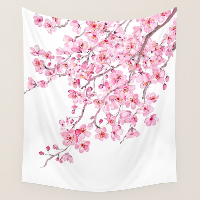pink cherry blossom watercolor 2020 Wall Tapestry Gallery Image 4
