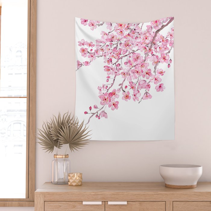 pink cherry blossom watercolor 2020 Wall Tapestry Gallery Image 2