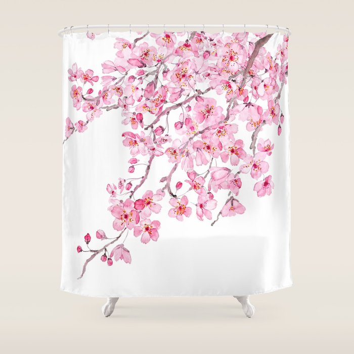 pink cherry blossom watercolor 2020 Shower Curtain Gallery Image 1
