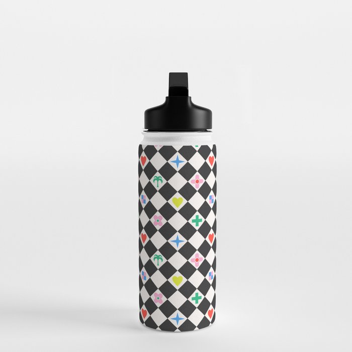 Tropical Vacation Symbols Black and White Harlequin Diamond Grid Water Bottle Gallery Image 3