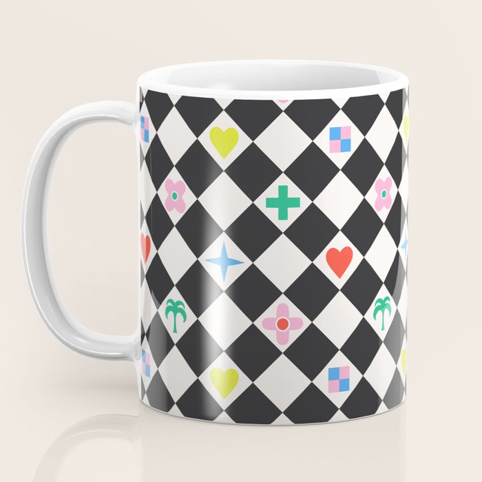 Tropical Vacation Symbols Black and White Harlequin Diamond Grid Coffee Mug Gallery Image 3