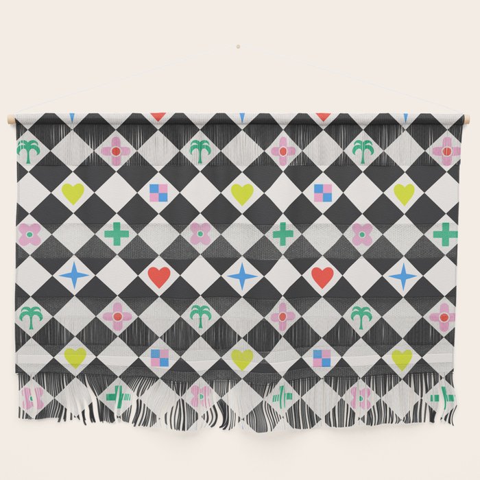 Tropical Vacation Symbols Black and White Harlequin Diamond Grid Wall Hanging Gallery Image 1
