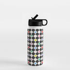 Tropical Vacation Symbols Black and White Harlequin Diamond Grid Water Bottle Gallery Image 1