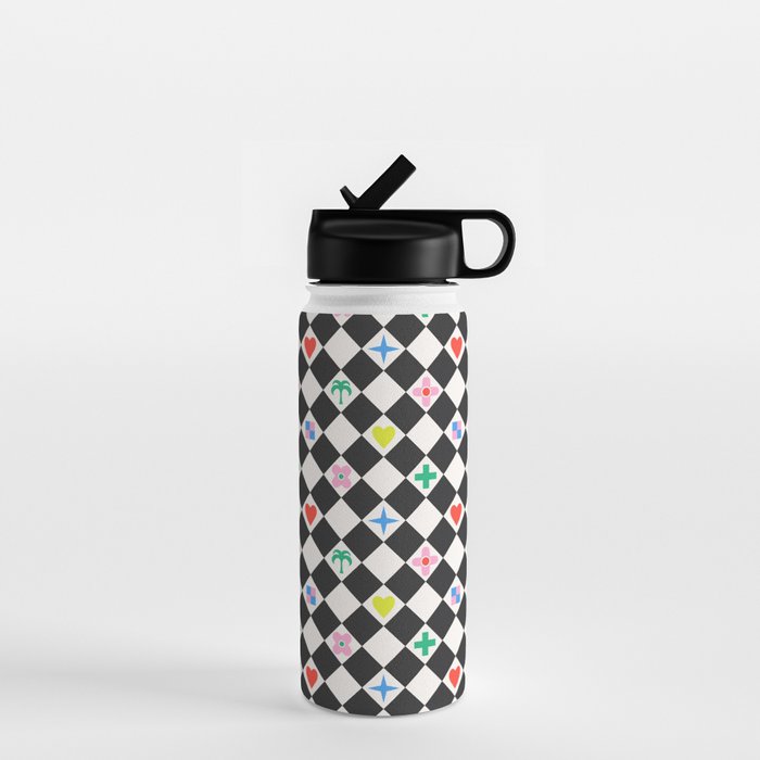 Tropical Vacation Symbols Black and White Harlequin Diamond Grid Water Bottle Gallery Image 1