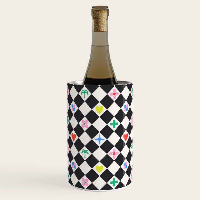 Tropical Vacation Symbols Black and White Harlequin Diamond Grid Wine Chiller Gallery Image 1