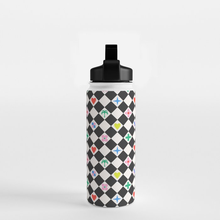 Tropical Vacation Symbols Black and White Harlequin Diamond Grid Water Bottle Gallery Image 2