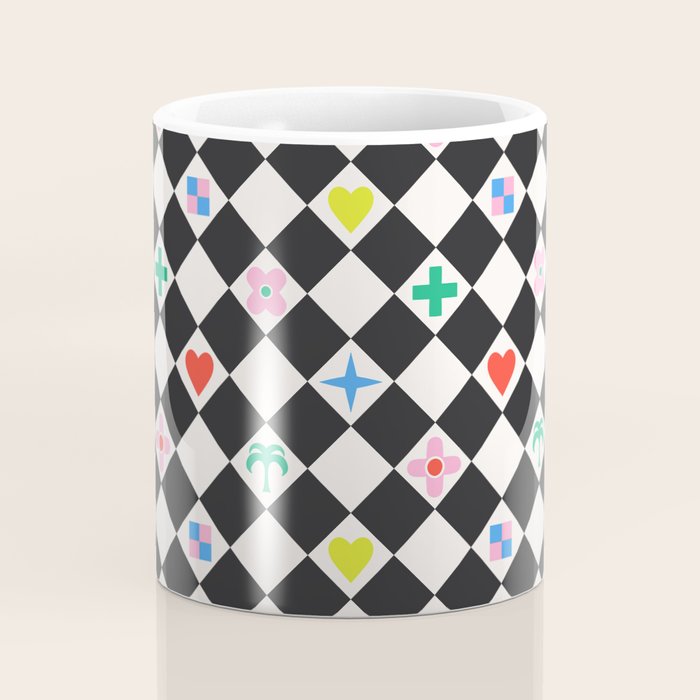 Tropical Vacation Symbols Black and White Harlequin Diamond Grid Coffee Mug Gallery Image 4