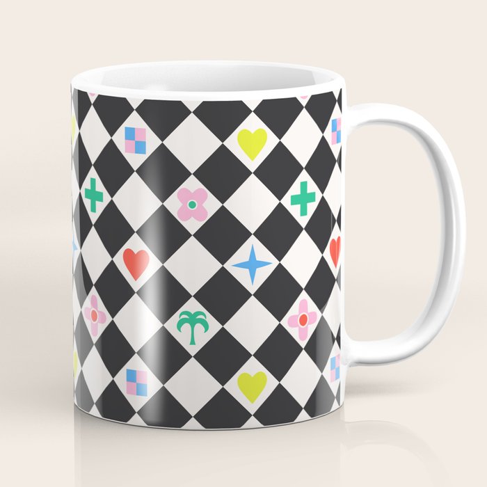Tropical Vacation Symbols Black and White Harlequin Diamond Grid Coffee Mug Gallery Image 1