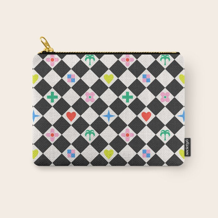 Tropical Vacation Symbols Black and White Harlequin Diamond Grid Carry All Pouch Gallery Image 1