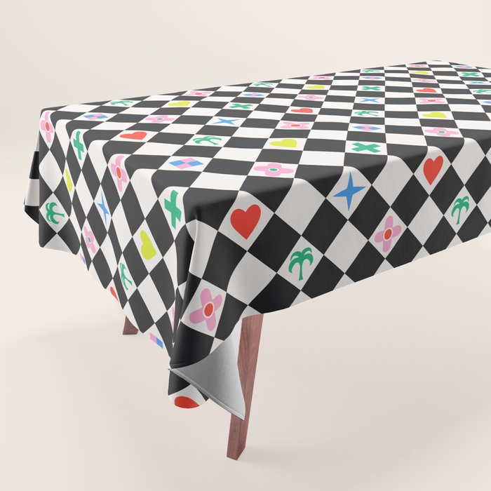 Tropical Vacation Symbols Black and White Harlequin Diamond Grid Tablecloth Gallery Image 1