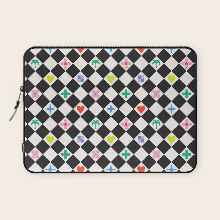 Tropical Vacation Symbols Black and White Harlequin Diamond Grid Laptop Sleeve Gallery Image 1
