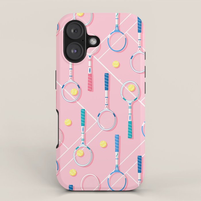 Collection of Retro Tennis Racquets on Pink iPhone Case Gallery Image 1