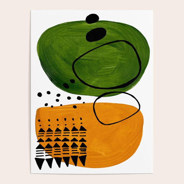 Modern Mid Century Fun Colorful Abstract Minimalist Painting Olive Green Yellow Ochre Buns Poster Gallery Image 1