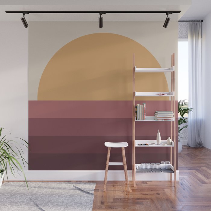 Minimal Retro Sunset Sunrise - Burgundy Ruby Red Wall Mural Gallery Image 1