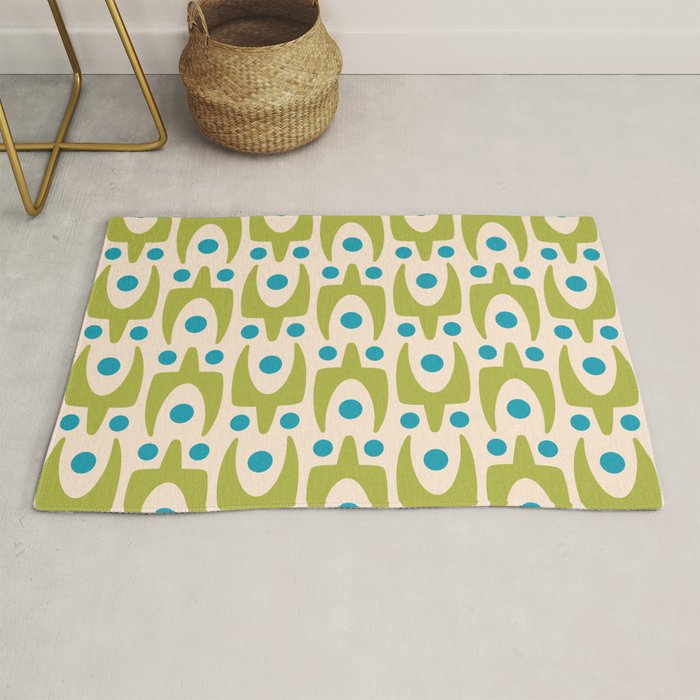 Mid Century Modern Scandinavian Abstract 152 Turquoise and Chartreuse Rug Gallery Image 1