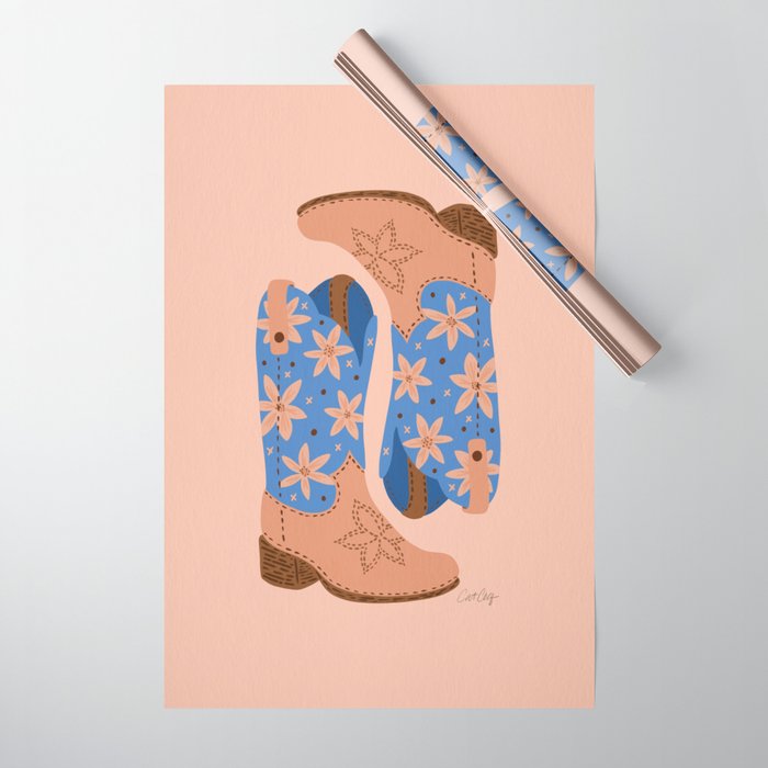 Cowgirl Boots â Blue & Peach Wrapping Paper Gallery Image 1
