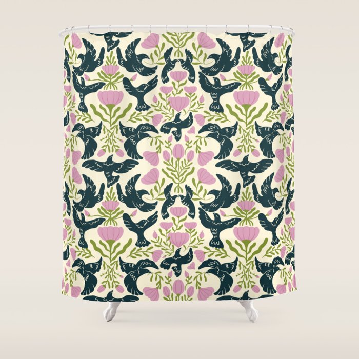 Spring Black Birds Shower Curtain Gallery Image 1