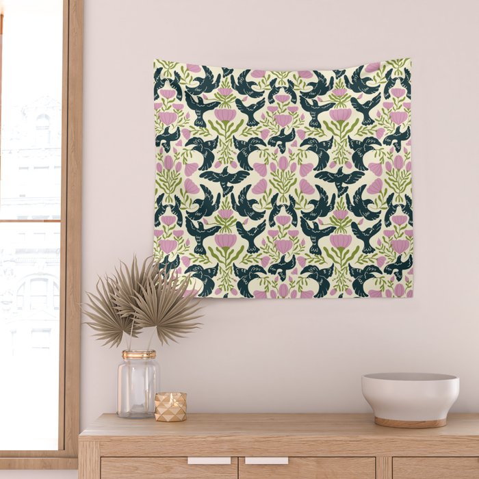 Spring Black Birds Wall Tapestry Gallery Image 2