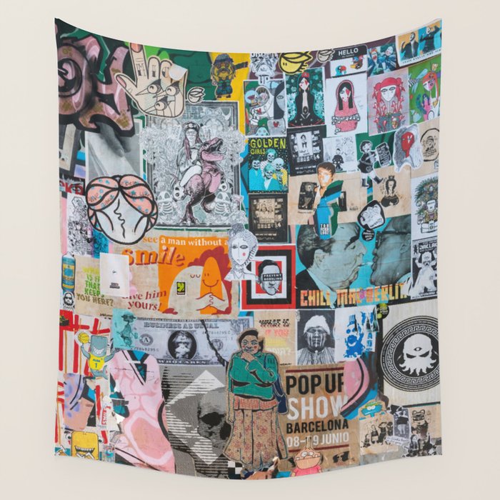 Sticker and graffiti wall background 6 - Berlin street art photography Wall Tapestry Gallery Image 1