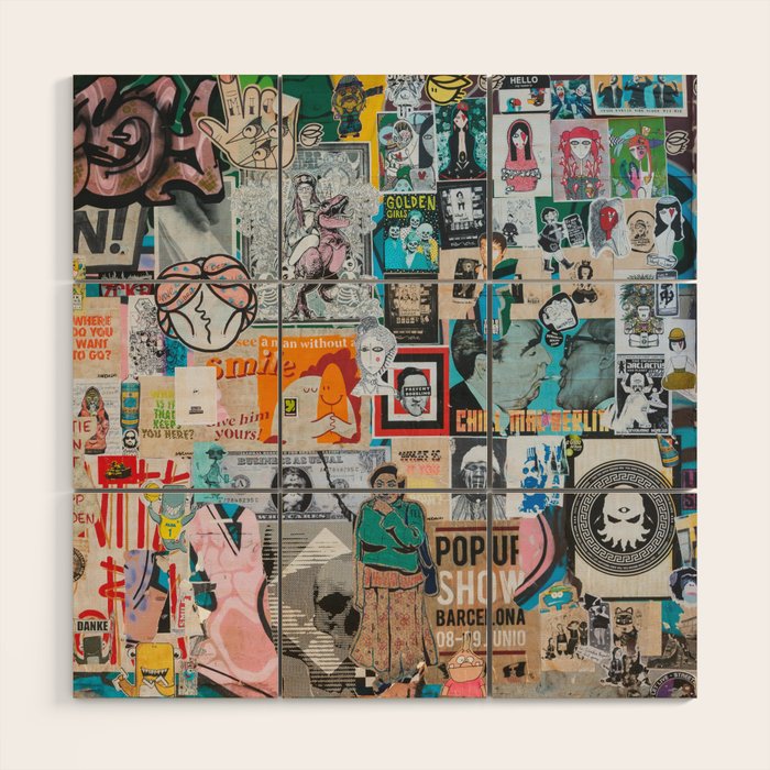 Sticker and graffiti wall background 6 - Berlin street art photography Wood Wall Art Gallery Image 1