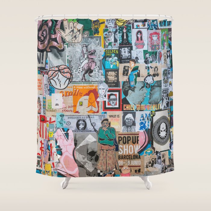 Sticker and graffiti wall background 6 - Berlin street art photography Shower Curtain Gallery Image 1