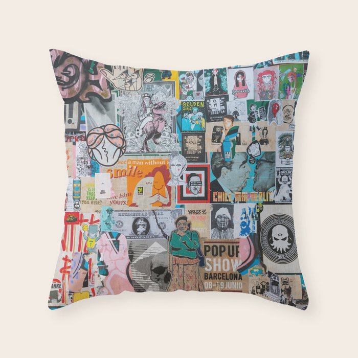 Sticker and graffiti wall background 6 - Berlin street art photography Throw Pillow Gallery Image 1