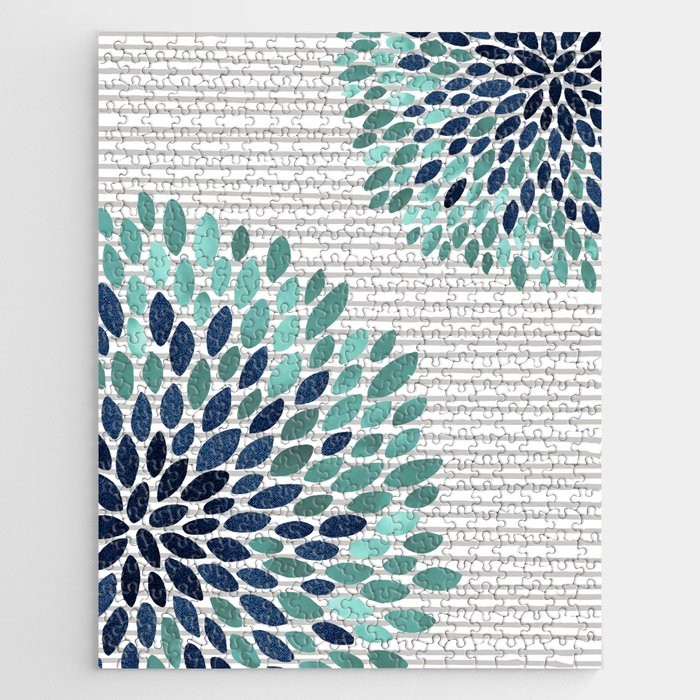Floral Prints, Gray, Teal and Blue, Abstract Art Jigsaw Puzzle Gallery Image 1